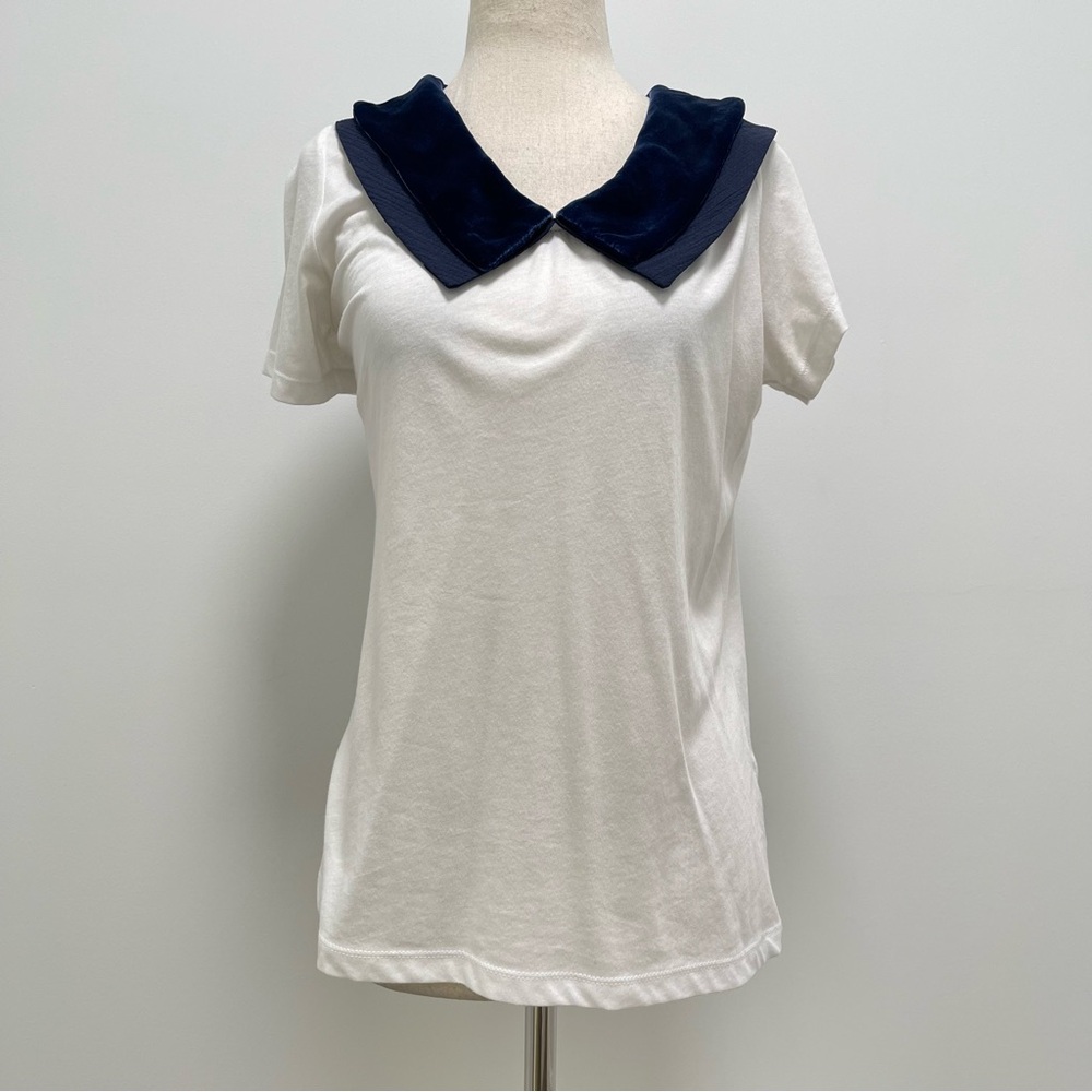 Joey Wolffer Reworked Blue Velvet Collared White T-Shirt Size Small - Picture 2 of 10